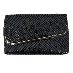 VINTAGE BLACK MESH EVENING CLUTCH PURSE BAG W/ GOLD TRIM ACCENT